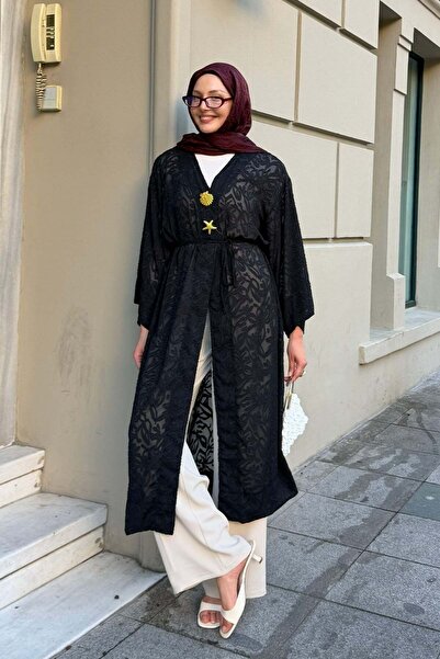 Modaensarbutik Gold Düğmeli Kumaş Kendinden Desenli Kimono-SİYAH