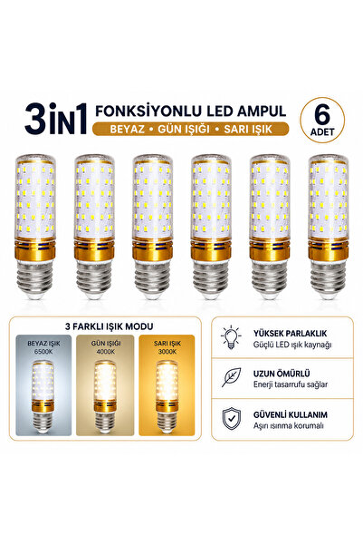 RBR 6 Adet Üç Renkli Mısır Ampul E27 Beyaz, Gün Işığı, Sarı Işık 3 Modlu LED ...