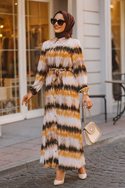 Neva Style Patterned Brown Hijab Dress 23551Kh