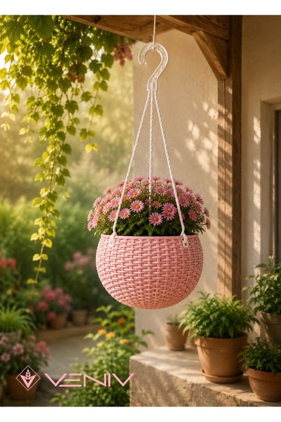 VENİV Rattan Desenli Askılı Saksı 2 Litre – Alt Tablalı Dekoratif Saksı