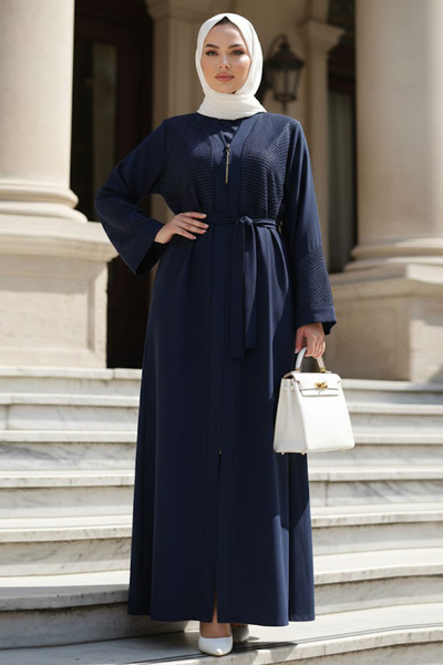 N.S NEVA STYLE Çizgi Taşlı Fermuarlı Lacivert Tesettür Abaya 29133L