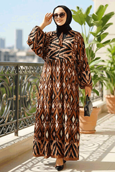 Neva Style Patterned Brown Hijab Dress 10235KH