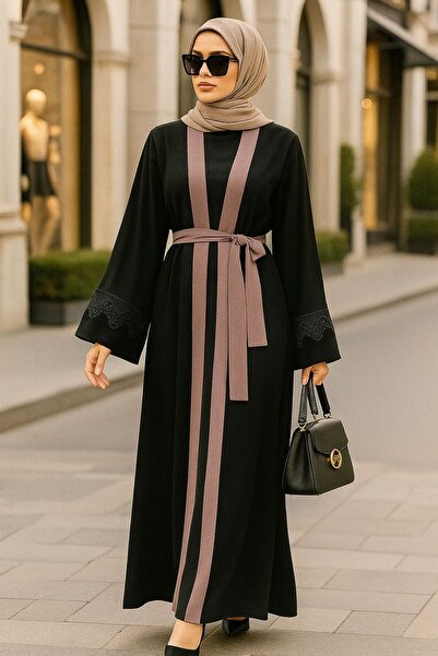 Neva Style عباية حجاب مفتوحة بلون وردي باهت مع حزام 55440AGK