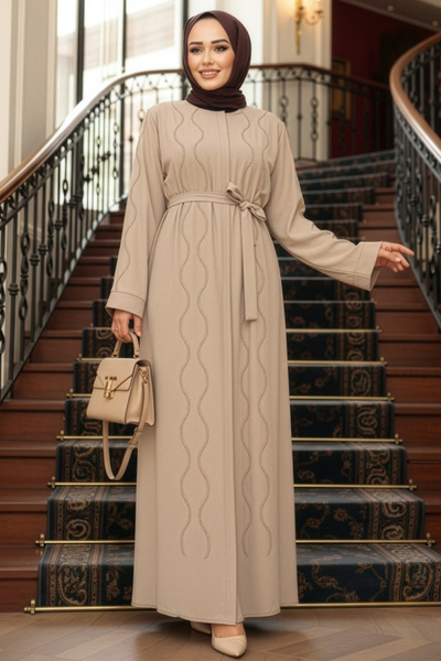 N.S NEVA STYLE Boncuk İşlemeli Bej Tesettür Abaya 29117BEJ