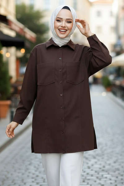 Neva Style Кафява риза с хиджаб и копчета Puane 10564KH