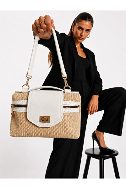 GLANZİA Aura Ivory Straw Bag Hasır Kadın Omuz ve Çapraz Askılı Çanta Beyaz De...
