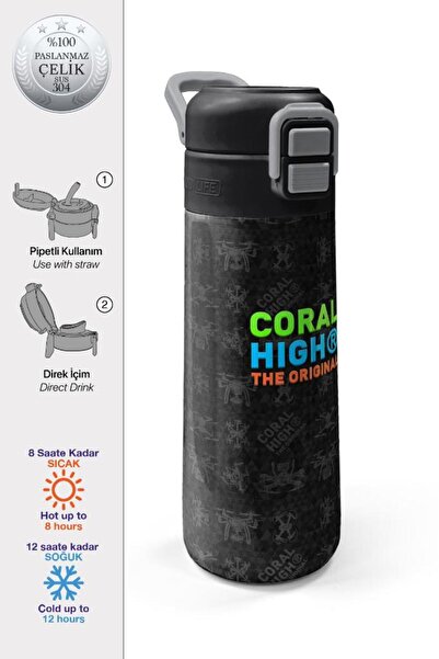 Coral High Kids Siyah Drone Desenli Pipetli ve Direkt İçim Çelik Termos 500 m...