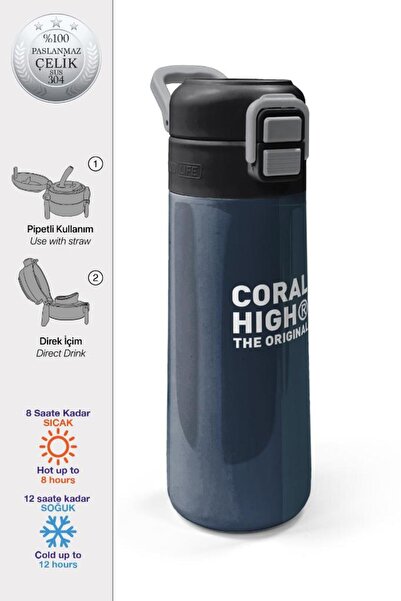 Coral High Kids Lacivert Turuncu Çizgili Pipetli ve Direkt İçim Çelik Termos ...