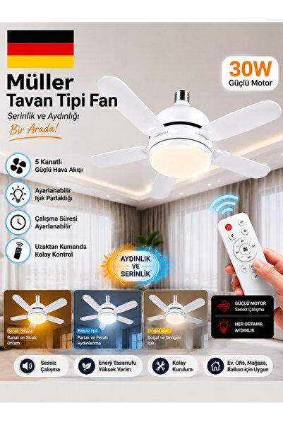 Pro Müller Alman Kömürsüz Sessiz Motor Tavan Tipi 3 Renk Aydınlatmalı Fan Van...