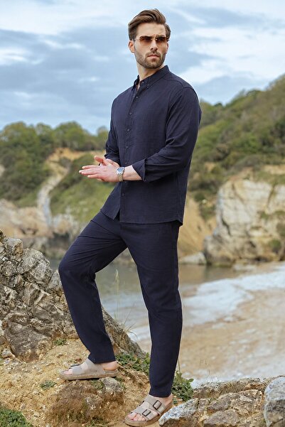 Madmext Navy Blue Relaxed Fit Linen Men's Shirt and Trousers Set E7362