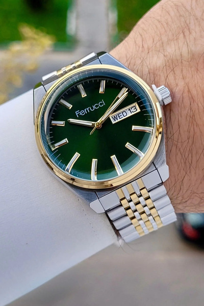 Ferrucci Kadranı Yeşil Kordonu Gold Gümüş Renk 40 Mm Erkek Kol Saati