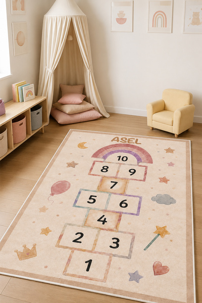 PINKIE HOME Özel İsimli Dijital Kaymaz Yıkanabilir Pembe Seksekli Çocuk Halıs...