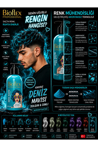 Bioflex Natural Hair Color Geçici-renkli Amonyaksız Deniz Mavisi Renkli Saç B...