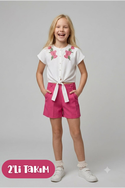 Hilal Akıncı Kids Set de 2 piese pentru fete, cu broderie, cămașă albă cu buz...