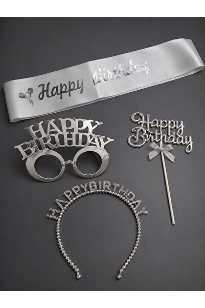 PARTİPORT Happy Birthday Parti Seti Gümüş Renk Taç Gözlük Pasta Süsü ve Kuşak...