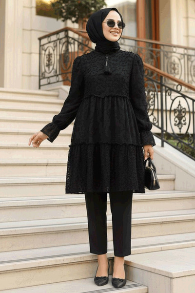 Neva Style Kat Piliseli Siyah Tesettür Tunik 13921S