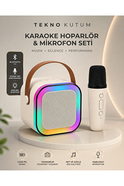 TEKNOKUTUM Bluetooth Mikrofonlu Karaoke Hoparlör Seti RGB Led Işıklı Taşınabilir Müzik Bombası