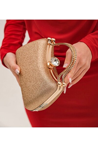 bag Kadın Gold Simli Kristal Taşlı Abiye El Ve Omuz Çantası Portföy Clutch