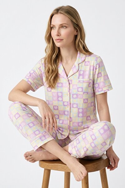 MORRO Women's Lilac Heart Checkered Cotton Short Sleeve Pajamas Set