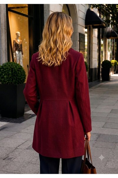 Perla Blanca Bordo Kruvaze Geniş Kesim Oversize Düğme Kapamalı Premium Kaşe Kaban