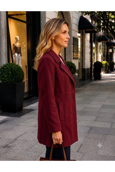 Perla Blanca Bordo Kruvaze Geniş Kesim Oversize Düğme Kapamalı Premium Kaşe Kaban