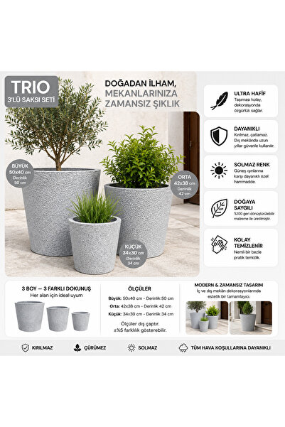 DEKA FORM TRIO - BETON GÖRÜNÜMLÜ DEKORATİF SAKSI
