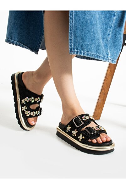 Alemdar Shoes Черни плетени дамски чехли с каменни детайли