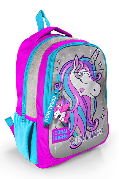 Kids Three Compartment Backpack with Pink Silver Unicorn 14383
