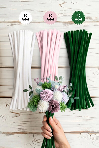 Bimotif 100lü tüylü tel şönil, 30 cm (40 adet Yeşil, 30 adet Pembe, 30 adet B...