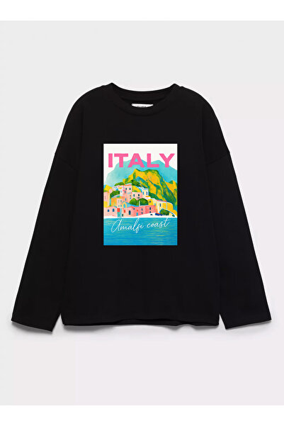 Disante 100% Cotton Oversize Fit Italy Printed - Crew Neck Long Sleeve T-Shirt