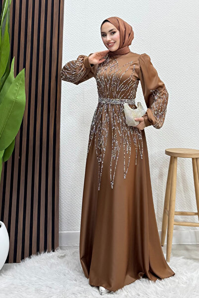 Lamia Giyim İkbal Taşlı Saten Abiye Açık Kahve
