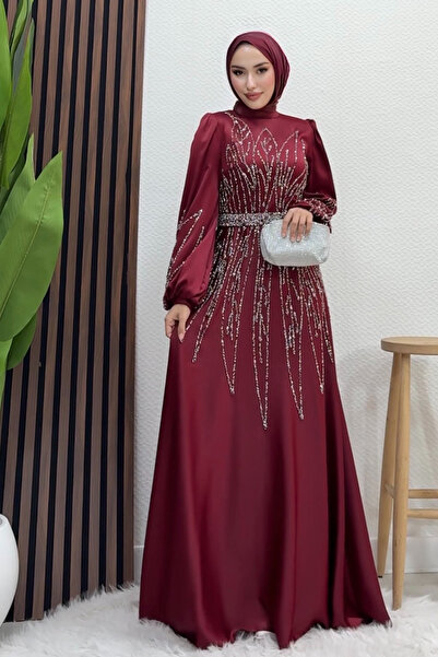Lamia Giyim İkbal Taşlı Saten Abiye Bordo