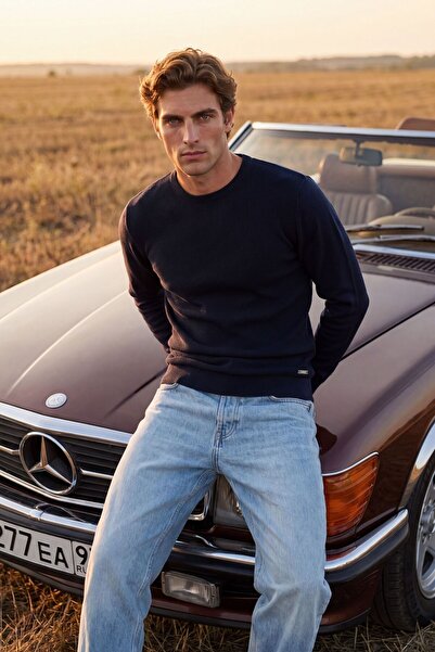 Çizgi Triko Men's Crew Neck Navy Blue Sweater Knitwear Honeycomb Knit Solid C...