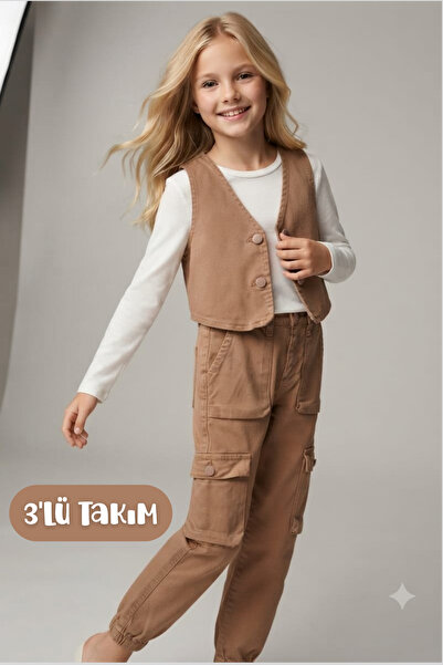 Hilal Akıncı Kids Kız Çocuk Kot Yelek Beyaz Body Kargo Cepli Pantolon 3'lü Takım