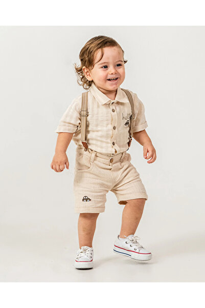 blumi kids Erkek Bebek Salopet Askılı Keten Gömlek ve Şort Takımı