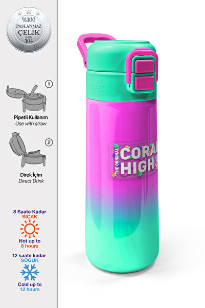 Coral High Kids Pembe Su Yeşili Renk Geçişli Pipetli ve Direkt İçim Çelik Ter...