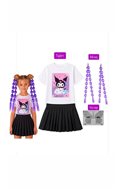 bemora kids kuromi tişört siyah şort etek yüz taşı kuromi mor babble saç 4 lü...