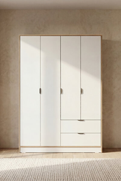 SARMOBİ Arden 4 Kapaklı 2 Çekmeceli Gardırop/Dolap 145x182x44 cm Beyaz – Mode...