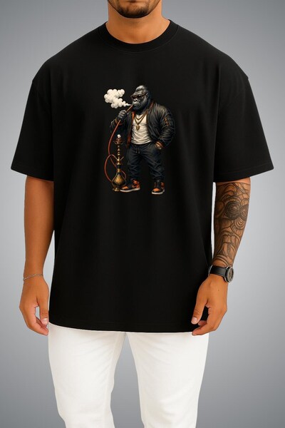 Bahriyeli Collection Oversize Unisex T-Shirt with Gorilla Smoking a Hookah Pr...