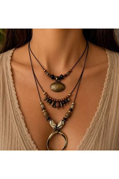 azra takı tasarım Handmade Long Authentic Coffee and Gray Tones Bohemian Mult...