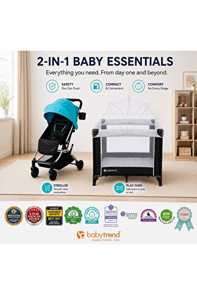 babytrend حزمة سرير أطفال توينكل ميدنايت مع عربة أطفال قابلة للطي ثلاثي الأقسام