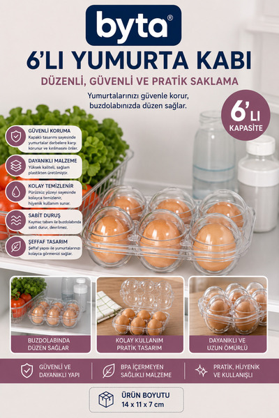 BYTA 6'lı Şeffaf Kapaklı Yumurta Saklama Kabı Buzdolabı Yumurtalık Organizeri...