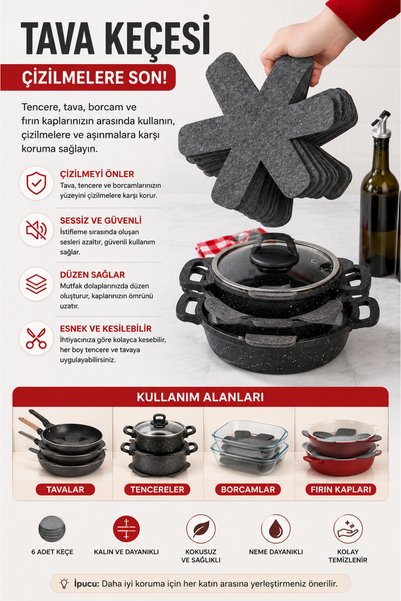 SEVMİŞ HOME Premium Kalın Keçe Tava Koruyucu 6 Adet | Tencere, Borcam ve Tava...