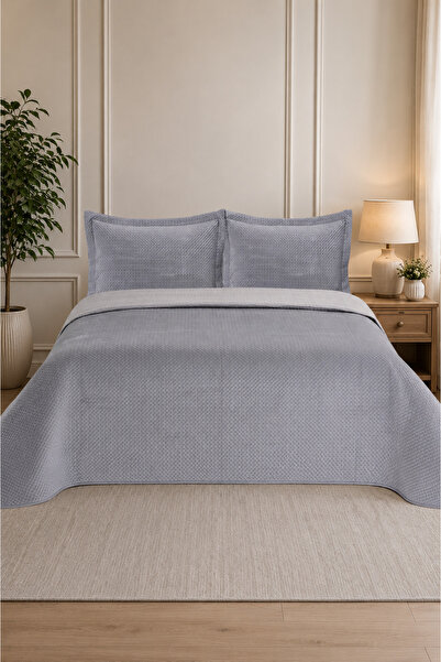 Bella Home Toscana Çift Kişilik Kadife Yatak Örtüsü Seti - 240x260 cm - Gri