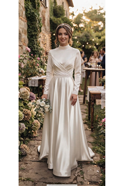makbuleofficial Ekrubeyaz Saten Kumaştan, Pile Detaylı, Söz Nişan Nikah İçin ...