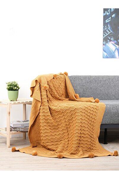 YGT Home 10 Ponpon Dilli Triko Örgülü Tv Battaniyesi Hardal | 130x170 Bacak Ş...