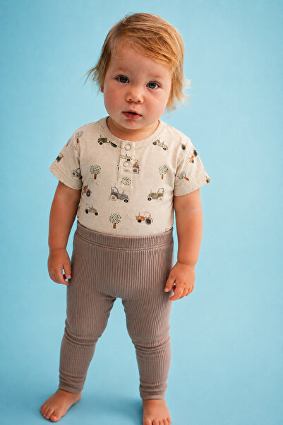 Cigit Patterned Bodysuit Set 0-3 Years A.Beige Mink