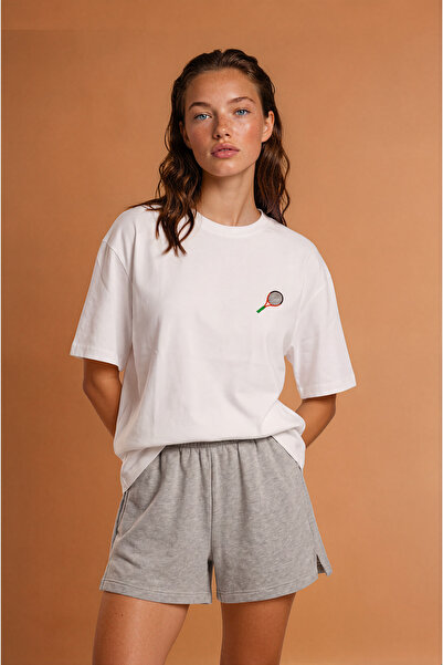 RunGear Up Kadın %100 Pamuk Minimal Tenis Raketi Nakışlı Basic T-shirt - Rela...