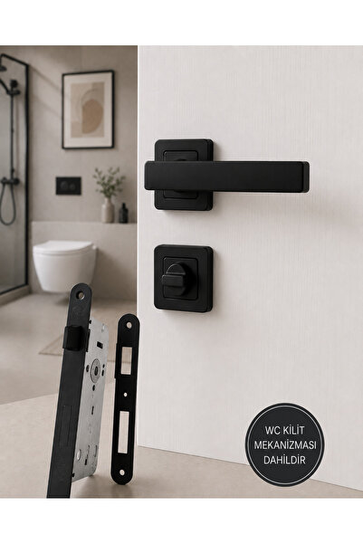 BSM Akbaş Grup Kare Rozetli WC Banyo Kapı Kolu Tam Set Mat Siyah 40 mm Sessiz...
