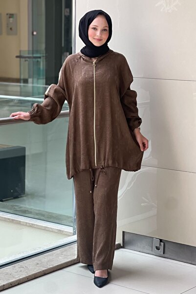 Ghisa Kolları Şeritli Kapşonlu Kap Pantolon Takım